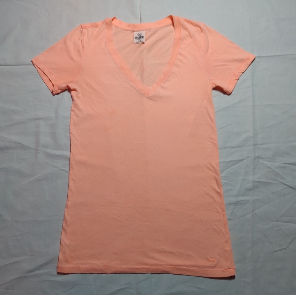 Victoria's Secret PINK Shirt Women's Small Orange Top Short Sleeve V-Neck Tee
